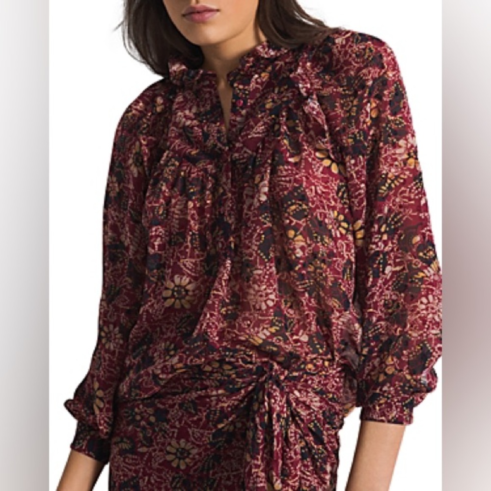 ba&sh Gaelle Sheer Floral Red Yellow Long Sleeve Mock Neck Blouse Size Medium - Picture 9 of 9